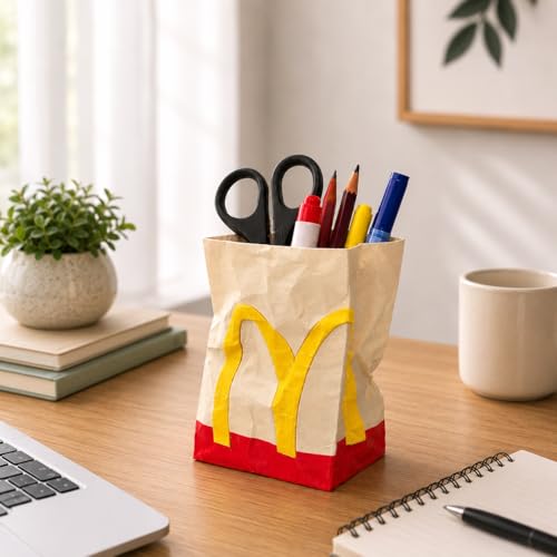 Image of Drive-Thru Style Crumpled Takeout Bag Pen Holder - Funny Desk Organizer, 3D Printed Fast Food Inspired Pencil Cup for Office, Gaming Desk or Study Table