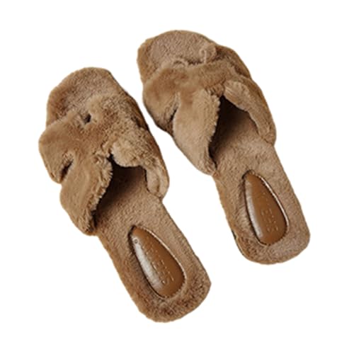VENYAA Femmes Outdoor Pantoufles en Peluche,Square Head H - Flat Pantoufles Chaudes Peluche Sandales,La Mode Anti-Dérapant Bout Ouvert Fourrure Chaussures(Size:EU 39,Color:Khaki)