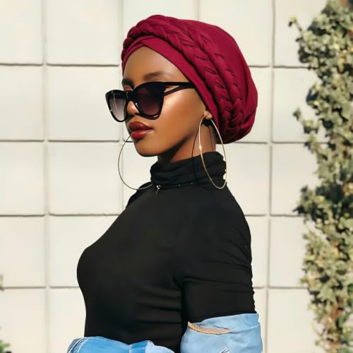 Image of DRESHOW African Women Turban Caps Beanie Twist Headscarf Pre-Tied Double Twisted Braid Hair Cover Wrap Hat Chemo Cancer Cap