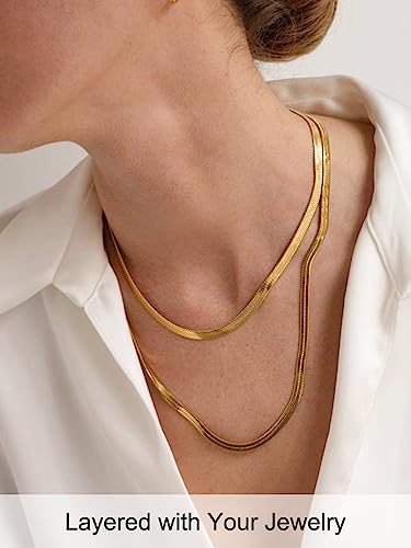 FOCALOOK 14K Gold Plated Necklaces for Women, Fashion Herringbone Choker Necklace Stainless Steel Flat Snake Chain 3/5MM(W) 12.5"/15"/18"+3.5"(L)4