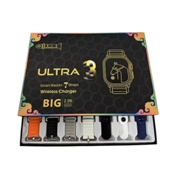 Smartwatch Ultra 3 com 7 Pulseiras, Tela 2.06", Carregador sem Fio, Relógio Prata, Capinha Protetora Case Transparente