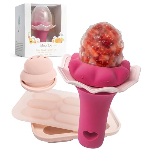 Image of Moonkie Baby Fruit Feeder for Self-Feeding: Controlled Flow Design with 2 Pouches for Safe First Foods - BPA Free Silicone Food Feeder with Freezer Tray for Cooling Comfort - 4 Months+ - 1 Pack