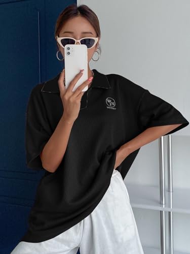 Image of Zilcon Womens Half Sleeve Oversized Tshirt for Woman Trendy Casual V Neck Summer Collared Preppy Tops Fashion Loose Fitted Western Tops for Women Stylish