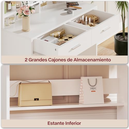 Devoko Tocador de Maquillaje con Grande Espejo y Luces LED, Brillo Ajustable, Mesa de Maquillaje con 2 Cajones, Joyero y Estantes Regulables Moderno para Dormitorio, Blanco - imagen 7