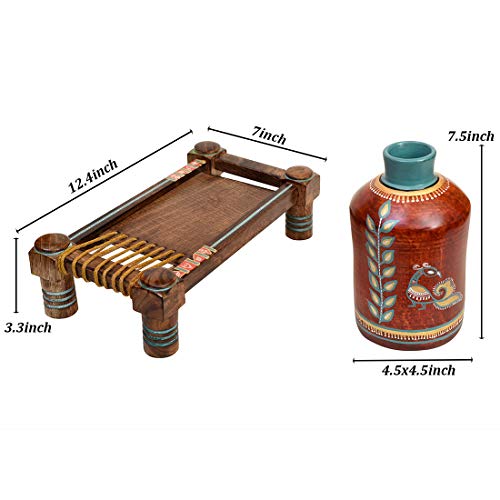 Image of Aakriti Art Creations Rustic Red Madhubani Vase with Ethnic Charpai Stand Handmade Terracotta Flower Vase with Wooden Chowki Base, Floral Design, Brown & Red Matte Finish for Living Room Decor