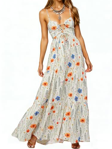 Image of Womens Summer Floral Spaghetti Strap Backless Low Cut Smocked Milkmaid Flowy Beach Sundresses