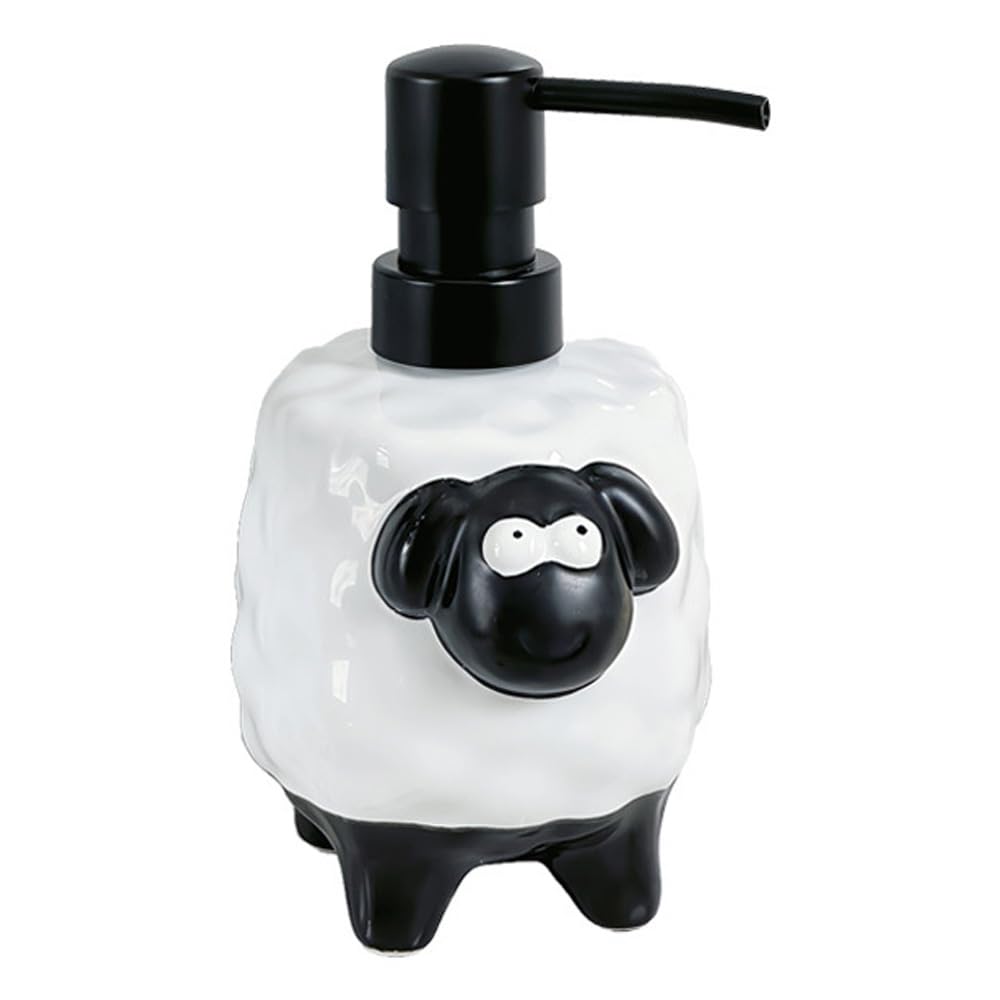 Hosoncovy Cartoon Sheep Ceramic Liquid Soap Dispenser with Pump,Pump Bottle Dispenser, Refillable Hand Wash Liquid Lotion Jar for Bathroom, Countertop, Kitchen (Black)