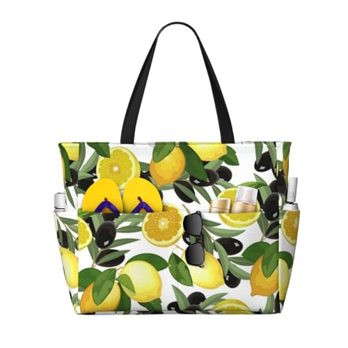 Grand sac de plage sac à bandoulière pour femme avec poignées robustes motif agrumes