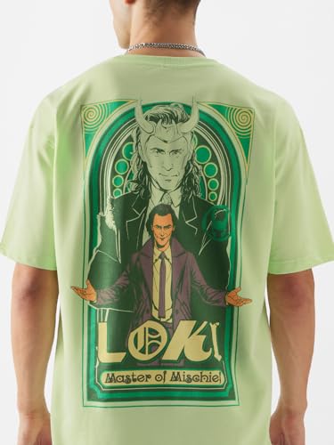 Image of The Souled Store Official Loki: Master of Mischief Men and Boys Oversize Fit Half Sleeve Graphic Printed Cotton Green Color T-Shirt