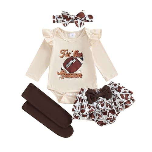 Football Baby Girl Clothes Letters Print Long Sleeve Romper Ruffle Bloomers Headband Socks Set 4Pcs Game Day Outfit