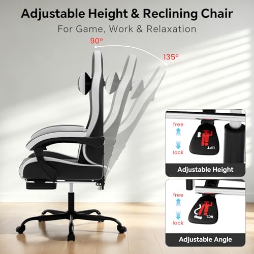 Image of Gaming Chair, Computer Office Chair with Footrest, Adjustable Height & Backrest Gaming Chairs with Swivel for Adults, High Back PU Leather Ergonomic Chair with Lumbar Support, Blackwhite
