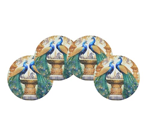 Image of LaVichitra Cotton Table Placemat | Dining Table Mat | Bed Side Table Mat | Cotton Round Shape Placemats | Washable PlaceMat for Shelves & Plant Pots - Pack of 4, Duet Peacocks