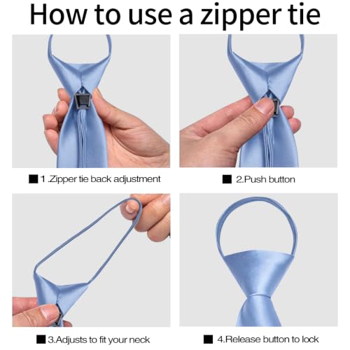 Image of Zipper Tie for Men Adjustable Pre-tied Satin Neckties and Pocket Square Set Solid Color Business Formal Wedding