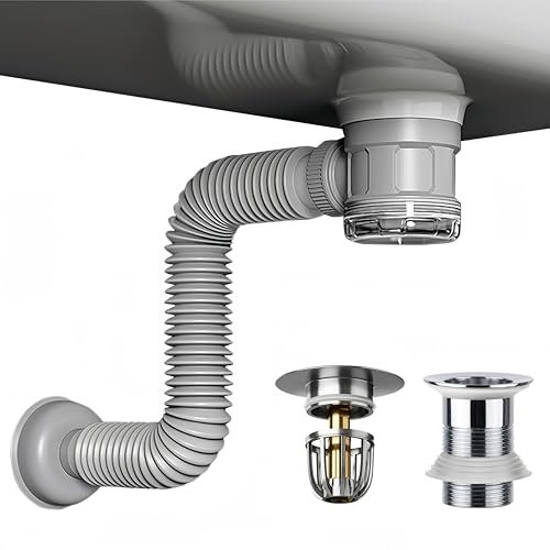 Bathroom Sink Drain Kit with Flexible Expandable Pipe: Odor-Free & Backflow-Preventing, Space-Saving Design without a P-trap, For 1-1/4'' & 1-1/2'' Drain Hole (Chrome, Without Overflow)