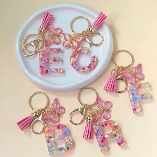 Image of GEOCARTER Lightweight Fashion Initial Letter Key Ring with Butterfly Pendant & Tassel, Stylish Purse Charm for Handbags, Car Keys, Gifts for Girls & Women