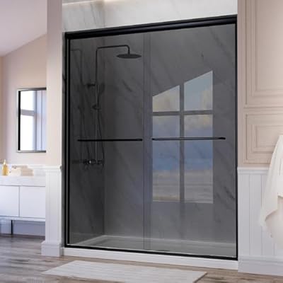 Semi-Frameless Shower Door Double Sliding for Bathroom, Reversible Bathroom Glass Shower Door with Two Handles in Matte Black (60" x72"-Gray, Matte Black)