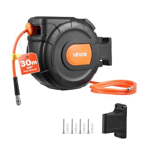 VEVOR Enrouleur Tuyau Air Comprimé 30 m x 9,5 mm Dévidoir Tuyaux Compresseur Air Pression Max 20,7 bar Enrouleur Fermé Automatique Tuyaux PVC, Fixation Murale Pivotante à 180°, Tuyau d'Arrivée 2 m