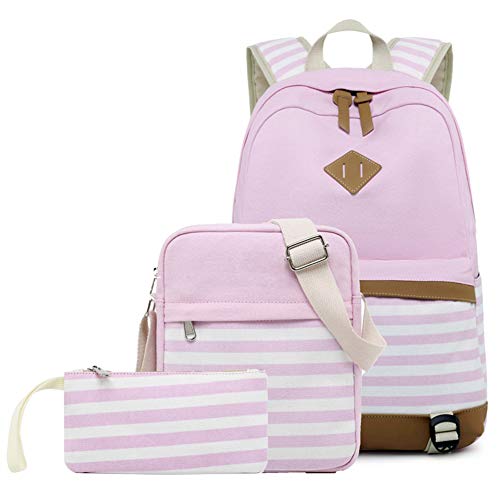 Bcony Mochila Escolar para Niñas, Color Rosa Moda Rayas Canvas Mochila para Mujer Mochila Casual Mochila de Día Mochila Set con Mujer Bolso de hombro y Estuche Portátiles Mochila para Niños