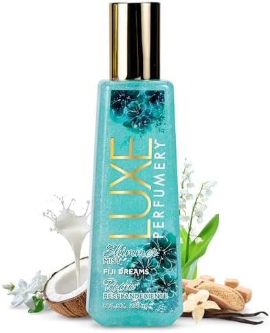 Luxe Perfumery Fiji Dreams Shimmer Body Mist – Body Glitter Spray with Coconut, Lily of the Valley & Vanilla Orchid Notes, Radiant Glow Shimmer Spray for Women, Gift for Her, Made in USA, 8 fl oz