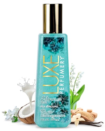 Luxe Perfumery Fiji Dreams Shimmer Body Mist – Body Glitter Spray with Coconut, Lily of the Valley & Vanilla Orchid Notes, Radiant Glow Shimmer Spray for Women, Gift for Her, Made in USA, 8 fl oz