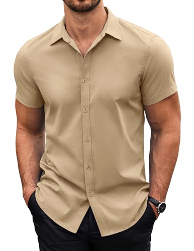 COOFANDY Mens Short Sleeved Shirts Summer Casual Shirts Non Iron Dress Shirts Muscle Fit Shirts for Men Button Up Shirt Business Shirts Khaki M