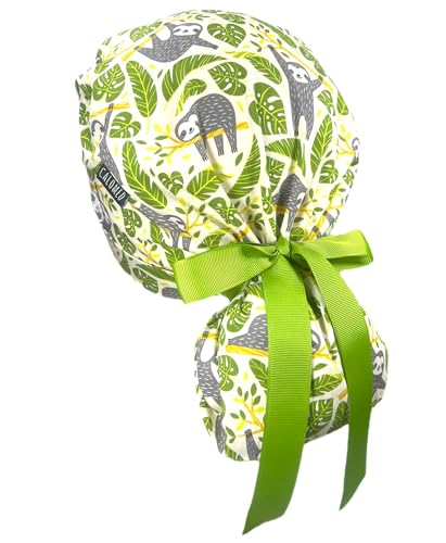 Image of Scrub Cap for Women and Men, Ponytail Scrub Caps, Working Hat, Head Cover with Ribbon Ties and Buttons, Long Hair
