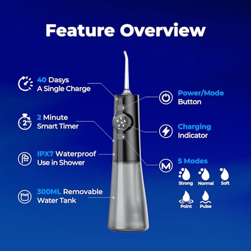Image of Cordless Water Flosser for Braces, LED Display 5 Modes, 300ML Tank, 6 Tips | 40-Day Battery Life, USB-C Rechargeable, IPX7 Waterproof, Dental Teeth Pick for Sensitive Gums, Orthodontic, Teeth Cleaning