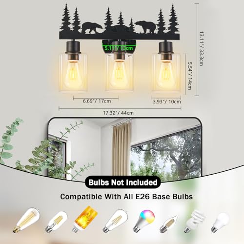 Image of Rustic Bathroom Light Fixtures, 3-Light Farmhouse Vanity Lamp with Bear Design and Clear Glass Shade, Black Wall Lighting for Bathroom, Hallway, Kitchen, Porch