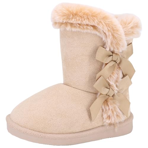 Moceen Baby Girls Winter Boots Toddler Kid Fashion Bow Fur Lined Lightweight Warm Snow Boots for Everyday Wear Size 13 Little Kid 8205 Khaki