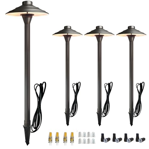 Solid Cast Brass Pathway Lights, 4 Pack 12V Low Voltage Landscape Lighting LED Path Lights with G4 Bulb for Outdoor Walkway, Garden, 23" Tall, 7.5" Shade Bronze-P01B 4-pack with Bulb