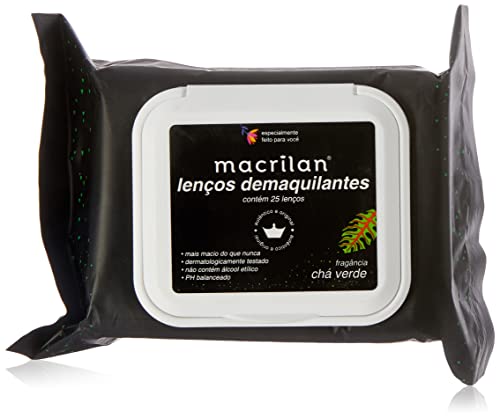Lenço Demaquilante Macrilan - Chá Verde, 25 Lenços, Remove Maquiagem à Prova D'Água, Hidratação Suave