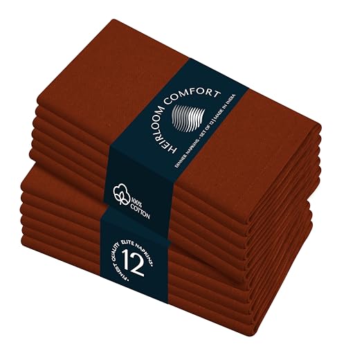 HEIRLOOM COMFORT Rust Cloth Napkins 17x17 Inch, 100% Cotton, Soft, Absorbent, Washable, Durable, Reusable, 12 Pack - Perfect Table Napkin for Dinner, Weddings, Fall, Holiday, Everyday Use