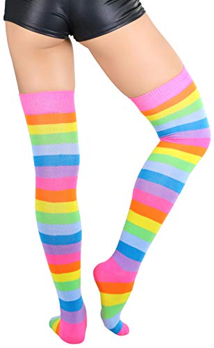 Image of ToBeInStyle Women's Bright Vibrant Rainbow Striped Thigh High Rave Stockings