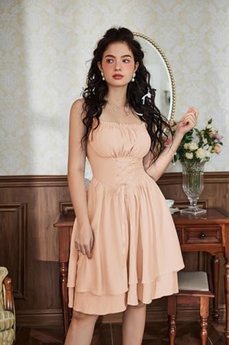 Image of Scarlet Darkness Corset Mini Sundress Chiffon Homecoming Dress for Women | Slim Straps, Ruched Neckline, Lace-Up Front, Layered A-Line, for Graduation Cocktail Party, Fairy Costume with Pockets