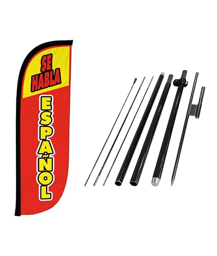 Image of LookOurWay Feather Flag Set - 5ft Tall Advertising Banner Flag with Pole Kit and Ground Spike for Business Promotion - Se Habla Espanol