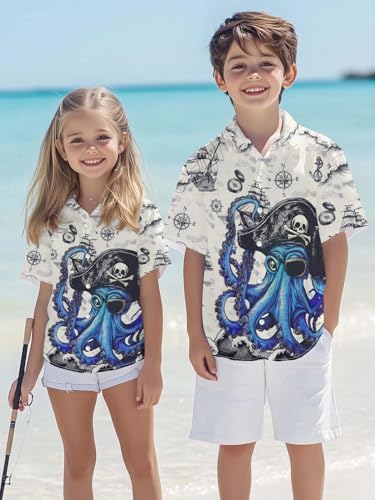 Image of THE PIRATE KING Funny Pirate Hawaiian Shirt Boys Girls Beach Tropical Casual Short Sleeve Button Down Shirt for 5-14 Years