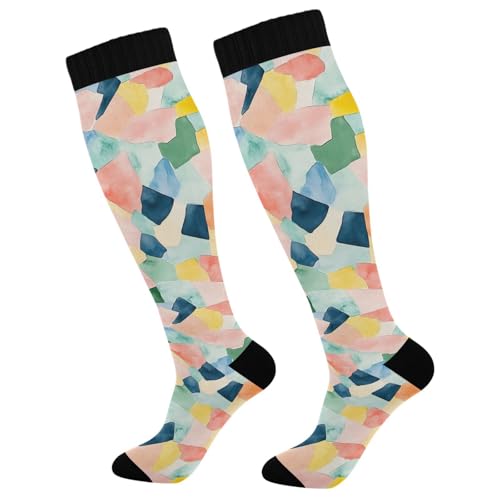 Wassud Pastel Geometric Design Compression Socks for Women and Men 20-30 mmHg Knee High Socks for Nurses Travel 2 Pair