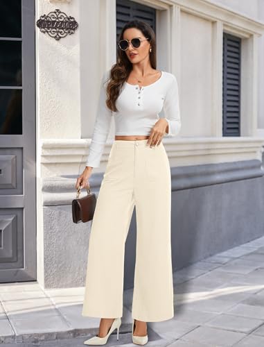 LUXEBOLD High Waisted Trousers for Women Corduroy Casual Wide Leg Pants Comfort Straight Slacks Zipper Button Closure Dress Pants with Pockets for Apricot 2XL — view 6