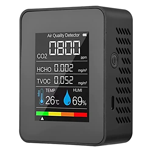 Pasotim 5 in 1 Quality Monitor TVOC HCHO Temperature Humidity CO2 Meter, USB Rechargeable CO2 Detector Black