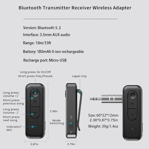 Bluetooth Audio Adapter, Bluetooth Audio Transmitter Receiver, Bluetooth AUX Adapter for Car 3.5mm Aux Jack Stereo Audio Input Output for TV Headphone Speakers iPhone PC