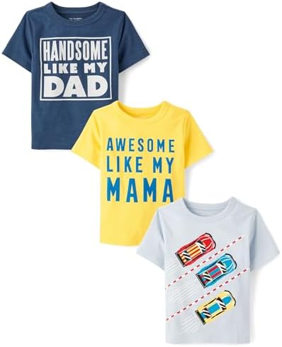 The Children's Place,Baby Boys,and Toddler Family,Mom,Dad,Sibiling Short Sleeve Graphic T-Shirts,Multipacks,Handsome/Awesome/Cars 3-Pack,4 Years