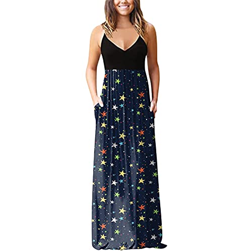 ONHUON Womens Summer Dresses, Women's Casual Summer Sundresses Floral Print V Neck Sleeveless Asymmetrical Patchwork Midi Dress Long Maxi Dresses Sundress Women Beach Wedding
