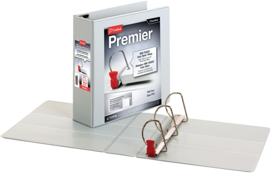 Cardinal Premier Easy Open 3-Ring Binder, 3", ONE-Touch Easy Open Locking Slant-D Rings, 650-Sheet Capacity, ClearVue Cover, PVC-Free, White (10330) : Office D Ring And Heavy Duty Binders : Office Products