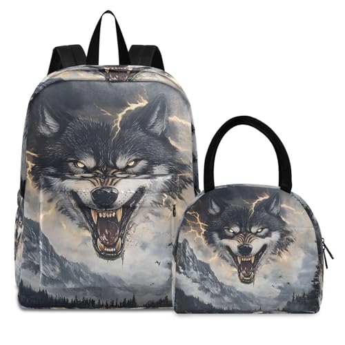 Backpack Lunch Bag Set Surreal Wolf Print, Big Storage Travel Backpacks with Insulated Lunch Box for Office Hiking Picnic