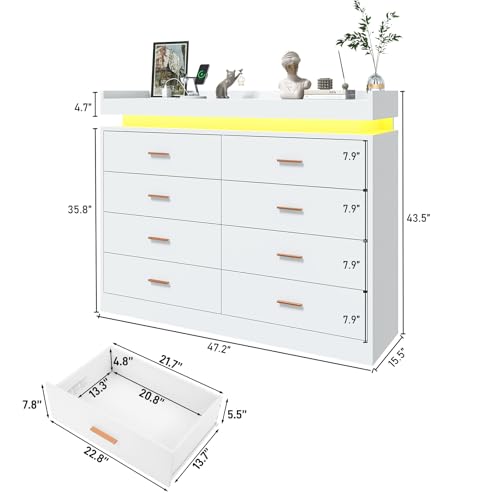 Image of jiteentarou 8 Drawer Dresser with Charging Station and LED Lights, Modern Chest of Drawers with Power Outlet, Organizer Cabinet for Bedroom, Living Room, White