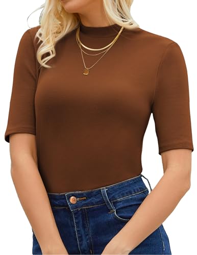 FAZDIES Womens Mock Neck Tops Dressy Casual Half Short Sleeve Mock Turtleneck Shirts Basic Tee Tops Blouse,Brown L
