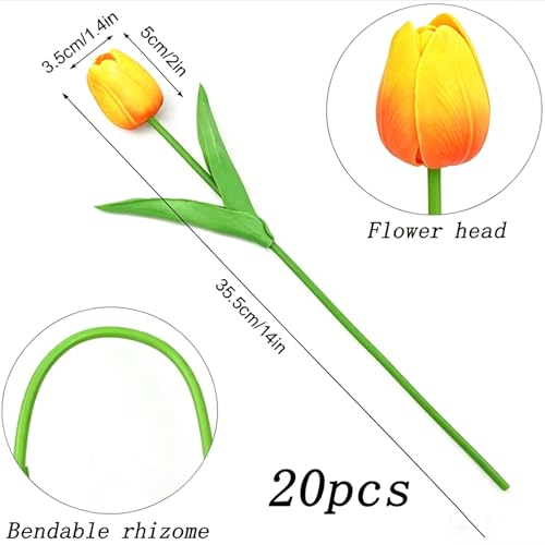 Image of 20Pcs Stems 13.5 Inch Sunset Red PU Artificial Moisturizing Tulips, Faux Sunset Red Tulips Flowers for Thanksgiving Christmas Decorations Wedding Home Table Vase Floral Arrangements