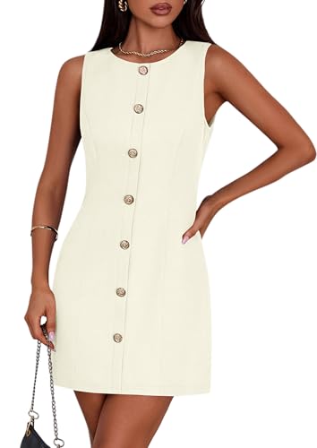 PRETTYGARDEN Work Dresses for Women 2025 Summer Business Formal Short Dress Sleeveless Button Down Elegant Office Outfits (Apricot,Medium)