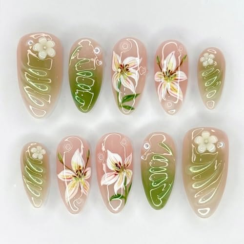 30Pcs Green Press on Nails Medium Almond Fake Nails with