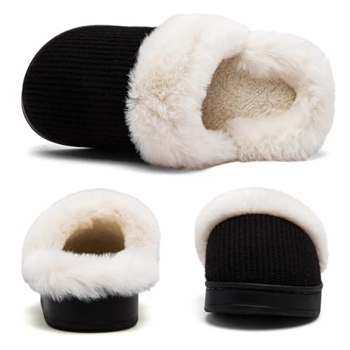 Women's Fuzzy House Slippers Comfy Memory Foam Bedroom Slippers Warm Knit Fluffy Plush Slip-on House Shoes Indoor Outdoor（B777Black11-122